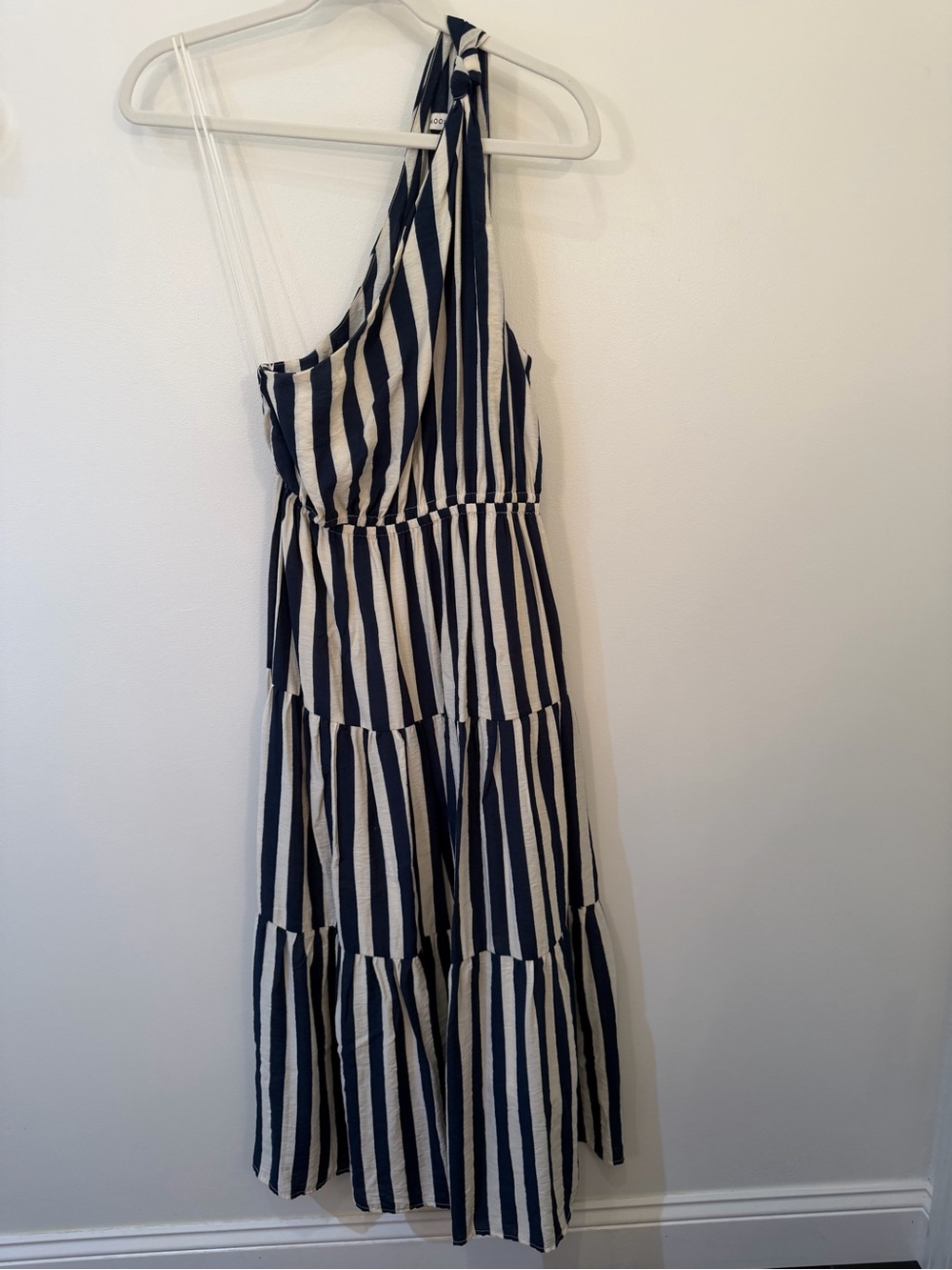 Moon River Navy and White One-Shoulder Striped Tiered Maxi Dress